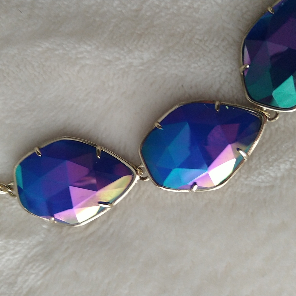 Kendra Scott Iridescent Cobalt Connely Necklace Gold Statement Rare - Picture 5 of 9